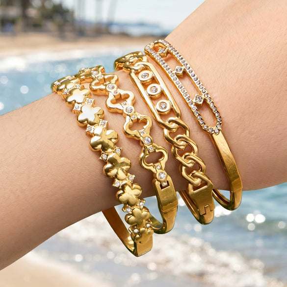 Fashionable Geometric Zirconencrusted Hollow Stainless Steel 18K Goldplated Bracelet