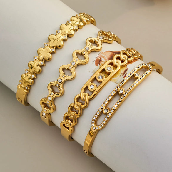Fashionable Geometric Zirconencrusted Hollow Stainless Steel 18K Goldplated Bracelet