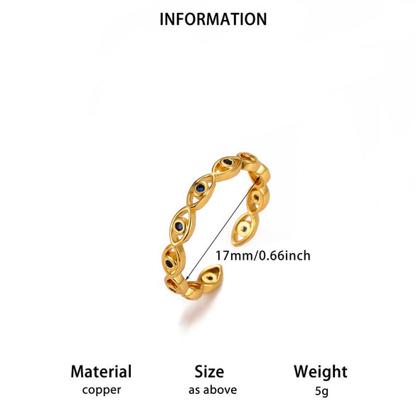 Fashionable Goldplated Copper Evil Eye Ring With Blue Zircon Design Adjustable Open Band Unisex Statement Jewelry