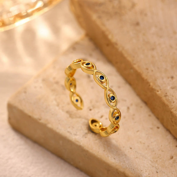 Fashionable Goldplated Copper Evil Eye Ring With Blue Zircon Design Adjustable Open Band Unisex Statement Jewelry