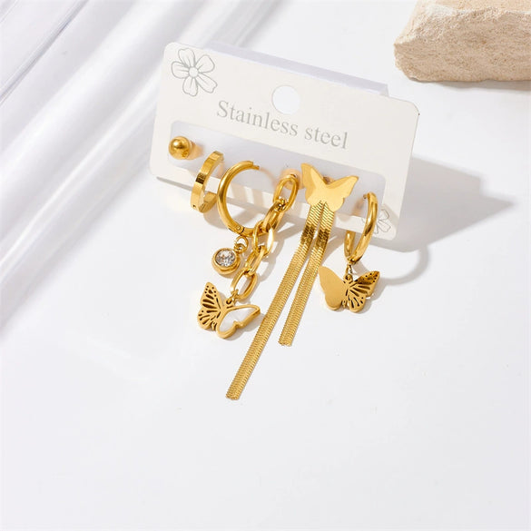 Fashionable Goldplated Stainless Steel Jewelry Set With Chain Tassel Butterfly Circle Earrings