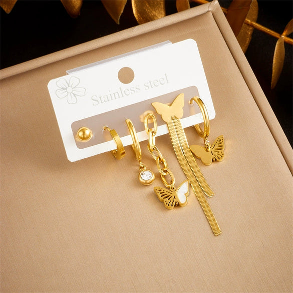 Fashionable Goldplated Stainless Steel Jewelry Set With Chain Tassel Butterfly Circle Earrings