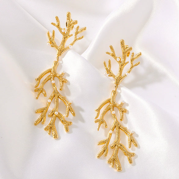 Fashionable 18K Gold Plated Stainless Steel Coral Shape Pearl Texture Pendant Earrings For Women With 18K Vacuum Plating In Furnace