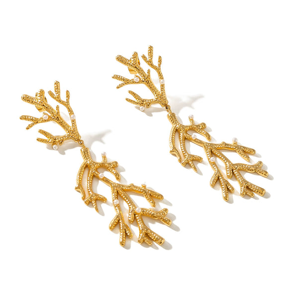 Fashionable 18K Gold Plated Stainless Steel Coral Shape Pearl Texture Pendant Earrings For Women With 18K Vacuum Plating In Furnace