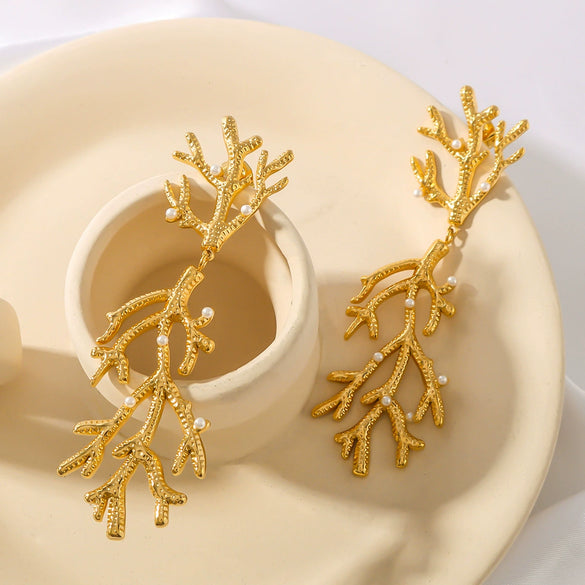 Fashionable 18K Gold Plated Stainless Steel Coral Shape Pearl Texture Pendant Earrings For Women With 18K Vacuum Plating In Furnace