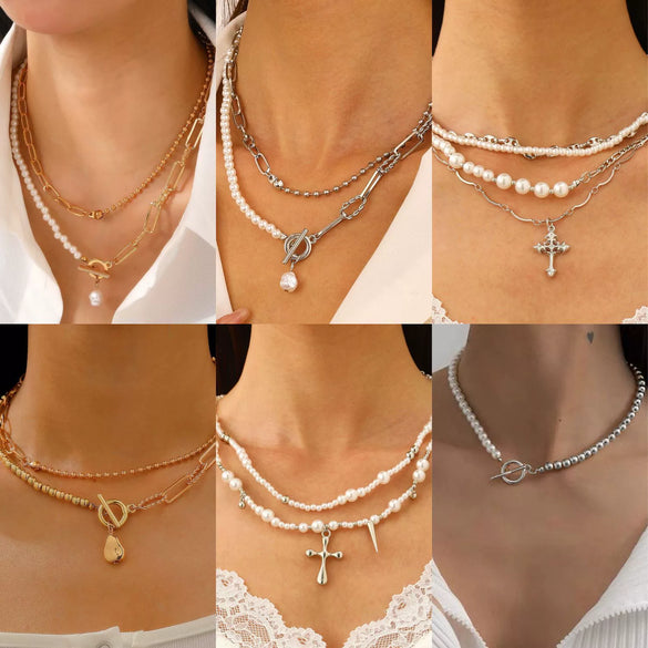 Fashionable Long Bead Chain Stacking Necklace Retro Style Pearl Ot Buckle Alloy Geometric Pattern Necklace