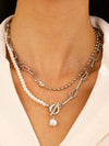 Fashionable Long Bead Chain Stacking Necklace Retro Style Pearl Ot Buckle Alloy Geometric Pattern Necklace