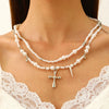 Fashionable Long Bead Chain Stacking Necklace Retro Style Pearl Ot Buckle Alloy Geometric Pattern Necklace