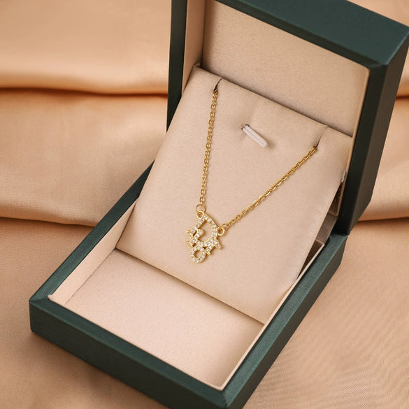 Fashionable Luxury Necklace With Micropaved Zircon And Real Gold Pendant Copper Electroplating Titanium Steel Geometric Pattern For Women