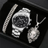 Fashionable Men's Alloy Band Quartz Watch And Lion Pendant Necklace