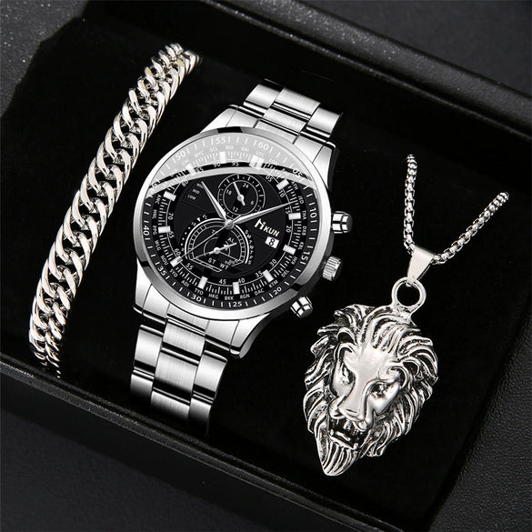 Fashionable Men's Alloy Band Quartz Watch And Lion Pendant Necklace