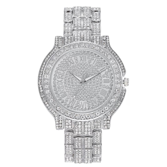 Fashionable Men's Watch Stainless Steel Band Diamondencrusted Round Dial Quartz With Roman Numerals