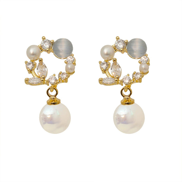 Fashionable Mermaid Style Copper Earrings With Blue Cat's Eye Stone And Geometric Pattern Electroplated For Women