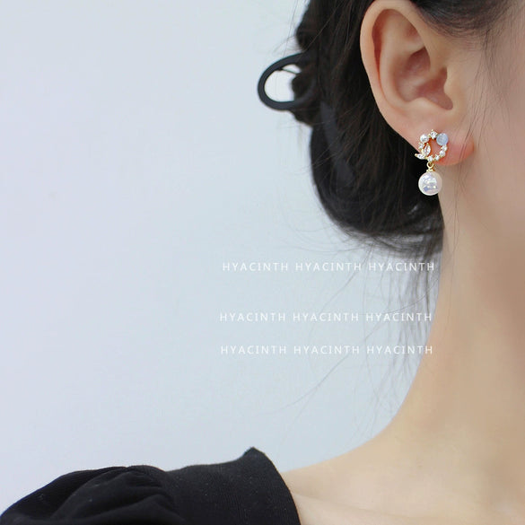 Fashionable Mermaid Style Copper Earrings With Blue Cat's Eye Stone And Geometric Pattern Electroplated For Women