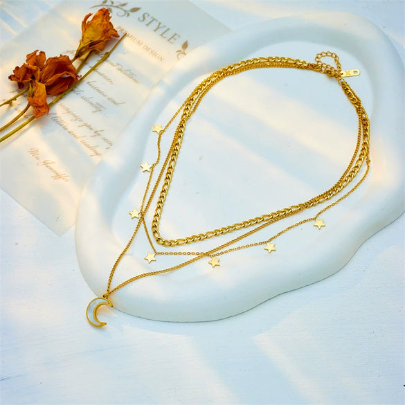 Fashionable Multi Layer Titanium Steel Necklace With Geometric Pattern And Electroplating For Women Mixed And Stacked Star Moon Clavicle Chain