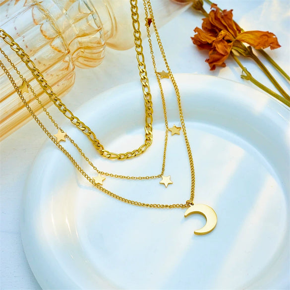 Fashionable Multi Layer Titanium Steel Necklace With Geometric Pattern And Electroplating For Women Mixed And Stacked Star Moon Clavicle Chain