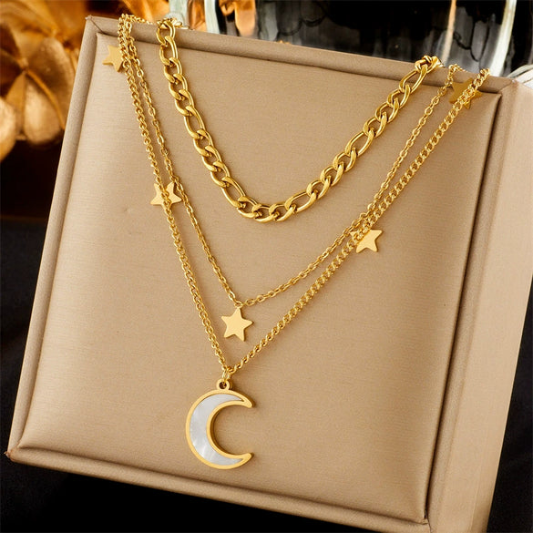 Fashionable Multi Layer Titanium Steel Necklace With Geometric Pattern And Electroplating For Women Mixed And Stacked Star Moon Clavicle Chain