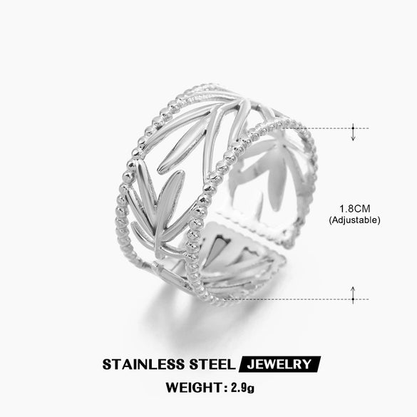 Fashionable Opening Adjustable Stainless Steel Leaf Ring 18K Goldplated