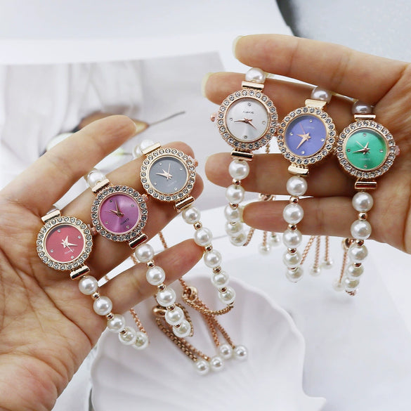 Fashionable Pearl Alloy Round Dial Female Student Watch