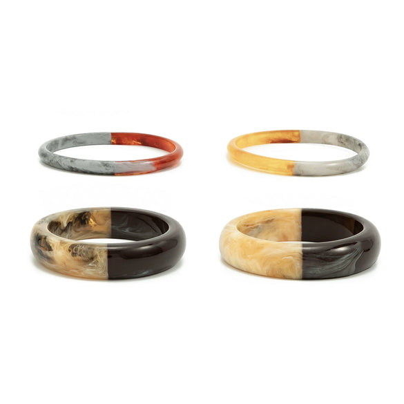 Fashionable Retro Geometric Color Block Marble Texture Resin Round Stackable Bracelet With Polished Finish