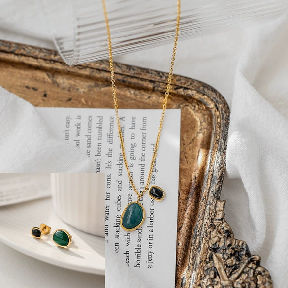 Fashionable Retro Green Agate Titanium Steel Double Pendant Clavicle Necklace For Women