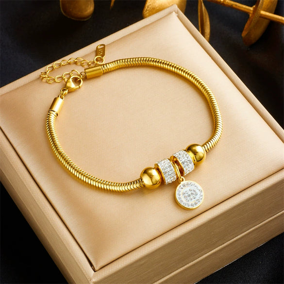 Fashionable Retro Metal Titanium Steel Round Spacer Beads Round Plate Pendant Accessories For Women With Electroplating Bracelet