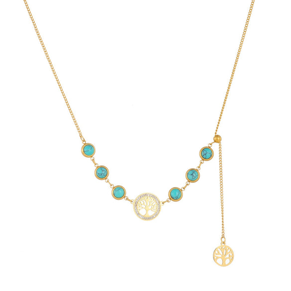 Fashionable Retro Round Tree Of Life Pendant Tassel Goldplated Stainless Steel Necklace For Women