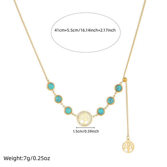 Fashionable Retro Round Tree Of Life Pendant Tassel Goldplated Stainless Steel Necklace For Women
