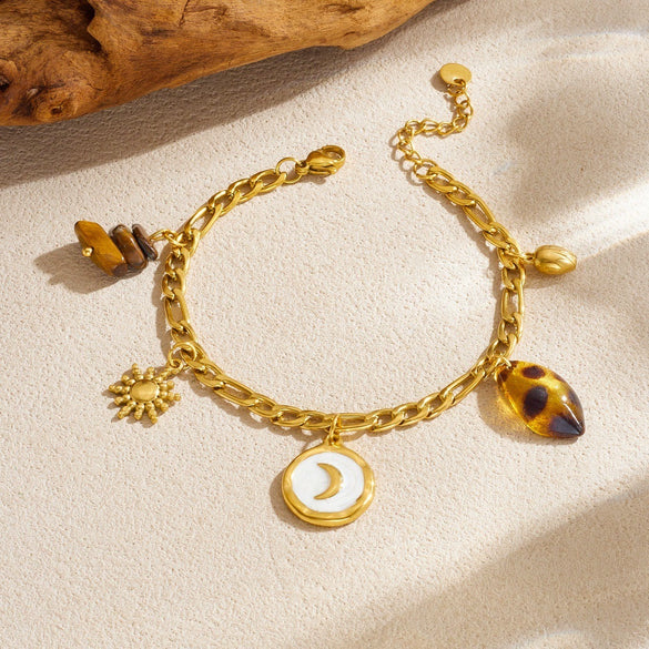 Fashionable Retro White Goldplated Moon Round Stainless Steel Leopard Print Gravel Bracelet For Women Maillard Minimalist Style