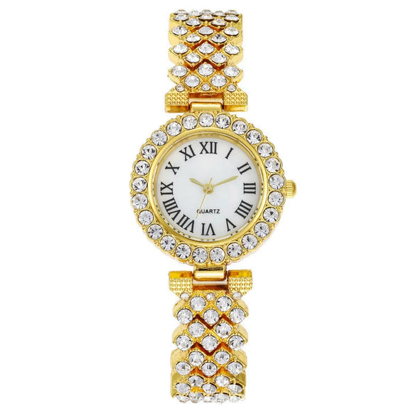 Fashionable Roman Pattern Diamondencrusted Women's Quartz Watches With Alloy Case And Strap Round Dial