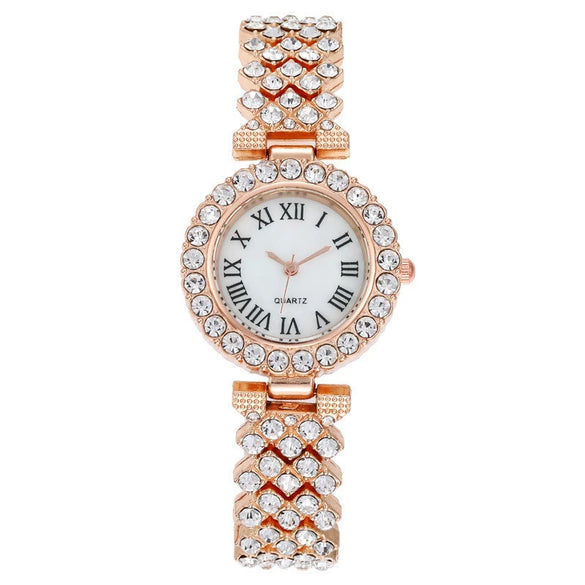 Fashionable Roman Pattern Diamondencrusted Women's Quartz Watches With Alloy Case And Strap Round Dial