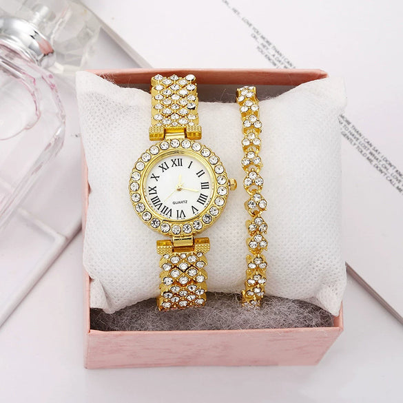 Fashionable Roman Pattern Diamondencrusted Women's Quartz Watches With Alloy Case And Strap Round Dial