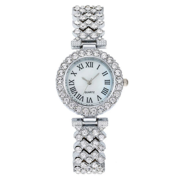 Fashionable Roman Pattern Diamondencrusted Women's Quartz Watches With Alloy Case And Strap Round Dial