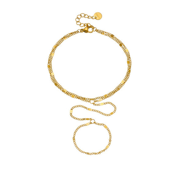 Fashionable Simple Design Doublelayered Thin Chain Goldplated Stainless Steel Ring Bracelet Integrated Hand Chain For Women