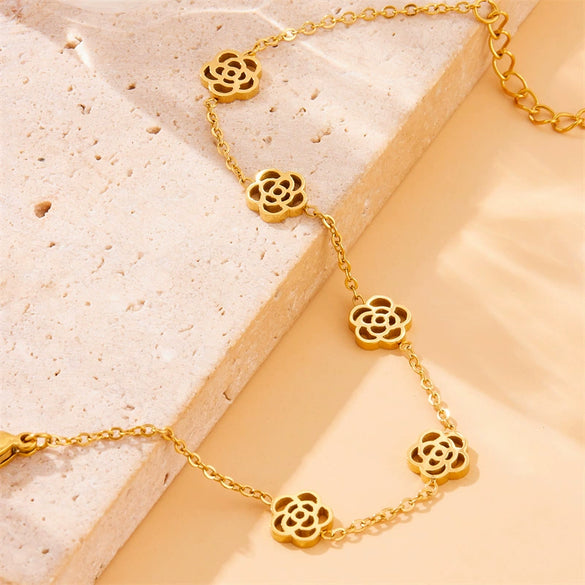 Fashionable Simple Hollow Camellia Stainless Steel Ladies Bracelet With Electroplating Treatment And Niche Design
