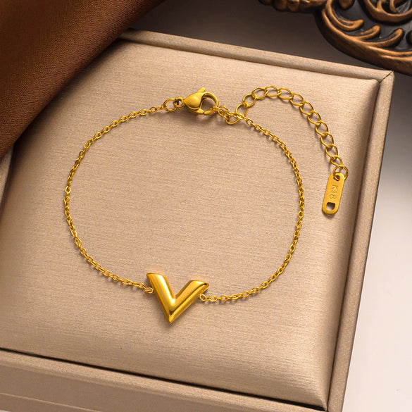 Fashionable Simple Luxury V Shaped Female Necklace Suit With Titanium Steel Pendant In Letters Numbers Text Shape And Electroplating Design