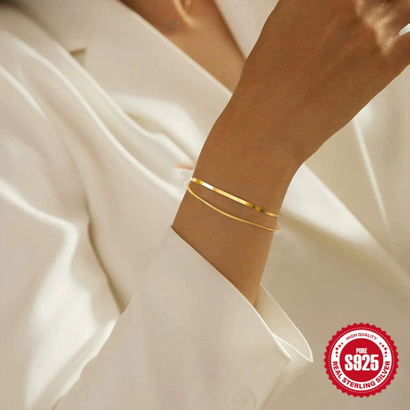 Fashionable Simple Stacking Style 925 Silver Double Layer Snake Bone Chain Bracelet For Women With Geometric Pattern And Electroplating