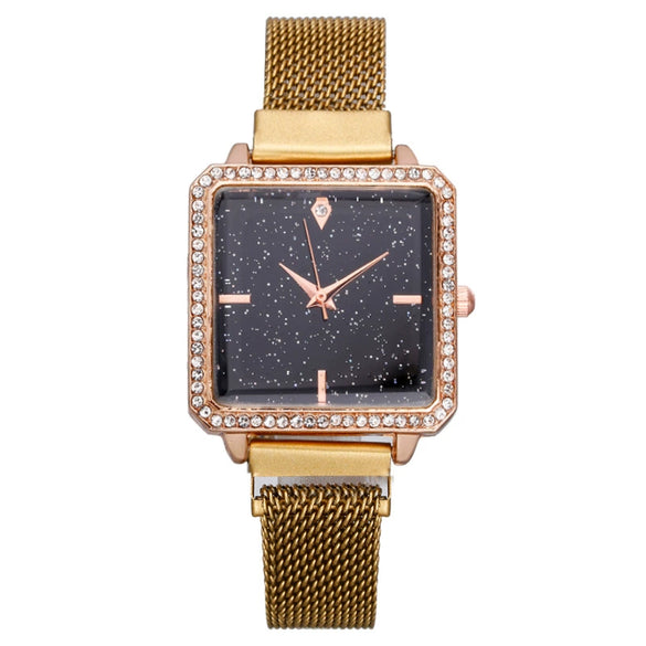 Fashionable Square Metal Women's Watch With Ironabsorbing Magnetic Buckle And Mineral Strengthened Glass Mirror