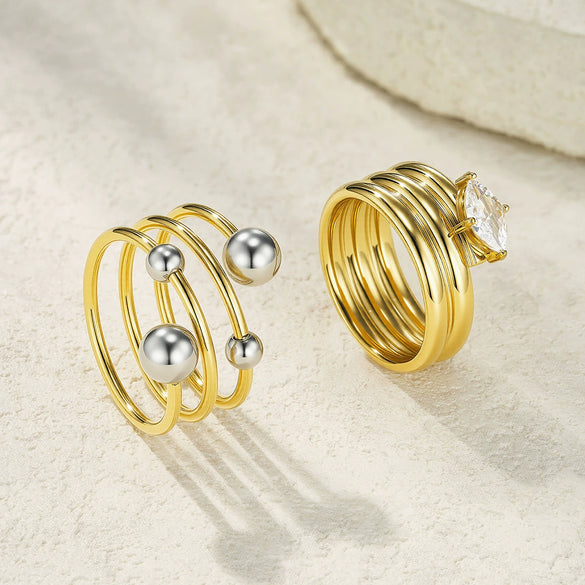 Fashionable Stackable Women's Stainless Steel Ring With Geometric Design And Diamonds Electroplated