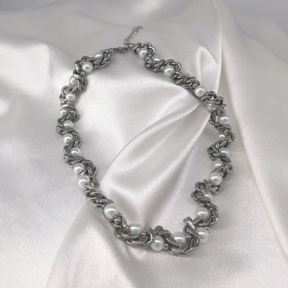 Fashionable Stainless Steel Imitation Pearl Agate Beaded Cuban Chain Necklace Unisex Polish Style