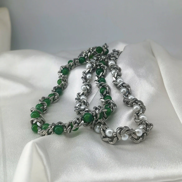 Fashionable Stainless Steel Imitation Pearl Agate Beaded Cuban Chain Necklace Unisex Polish Style