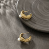 Fashionable Stainless Steel Pleated Cshaped Asymmetrical Earrings Inlaid With Imitation Pearls Electroplated For Women