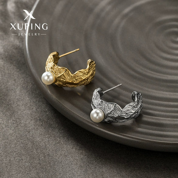 Fashionable Stainless Steel Pleated Cshaped Asymmetrical Earrings Inlaid With Imitation Pearls Electroplated For Women