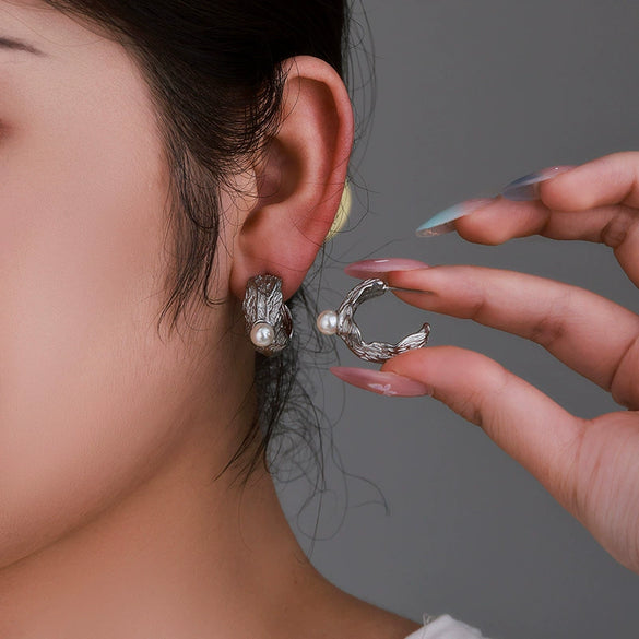 Fashionable Stainless Steel Pleated Cshaped Asymmetrical Earrings Inlaid With Imitation Pearls Electroplated For Women