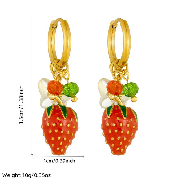 Fashionable Sweet Fresh Oil Dripping Simulated Threedimensional Fruit Strawberry Stainless Steel Goldplated Round Hanging Earrings For Women