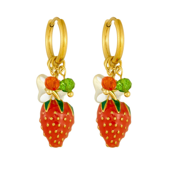 Fashionable Sweet Fresh Oil Dripping Simulated Threedimensional Fruit Strawberry Stainless Steel Goldplated Round Hanging Earrings For Women