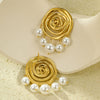 Fashionable Threaded Circle Pearl Pendant Earrings Stainless Steel 18K Gold Electroplated For Women
