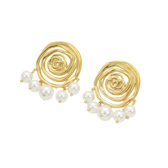 Fashionable Threaded Circle Pearl Pendant Earrings Stainless Steel 18K Gold Electroplated For Women
