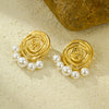 Fashionable Threaded Circle Pearl Pendant Earrings Stainless Steel 18K Gold Electroplated For Women
