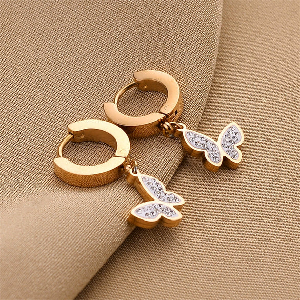 Fashionable Titanium Steel 18K Rose Gold Butterfly Ear Buckle Earrings For Women With Diamond Inlaid And Electroplated Geometric Design